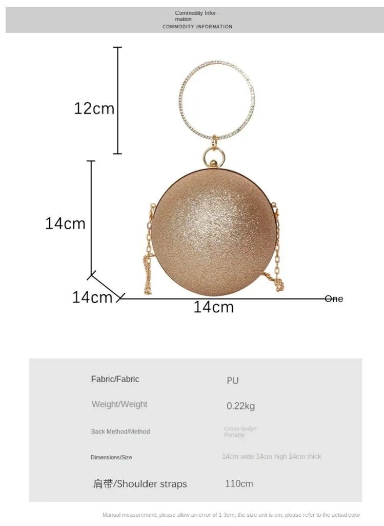Bulk Supply Luxury Ball Shape Evening Metal Chain Shoulder Bag Size