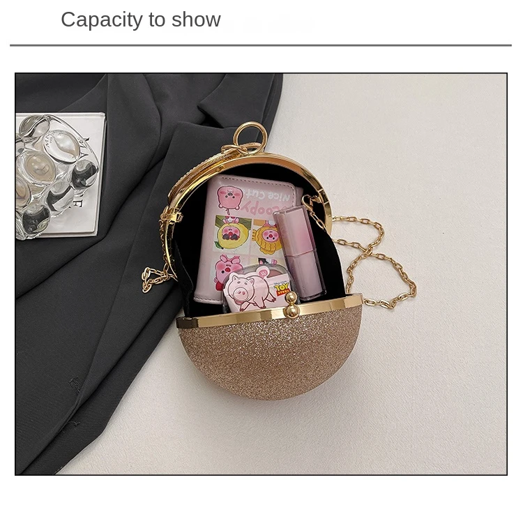 Bulk Supply Luxury Ball Shape Evening Metal Chain Shoulder Bag Inside