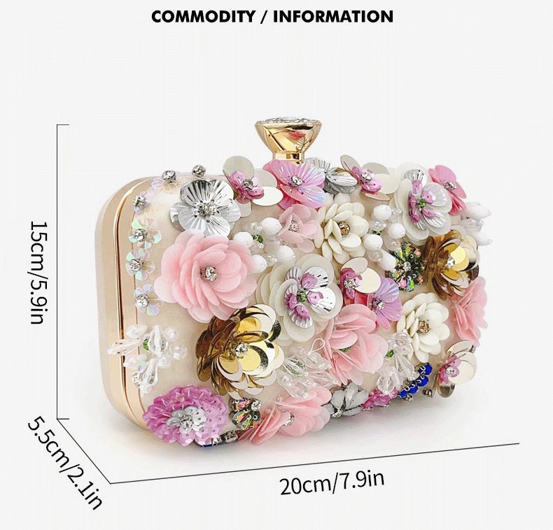 Factory Luxury Evening Clutch Bag with Colorful 3D Floral Embellishments Size 3