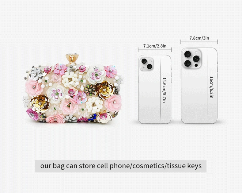 Factory Luxury Evening Clutch Bag with Colorful 3D Floral Embellishments Compreasion 2