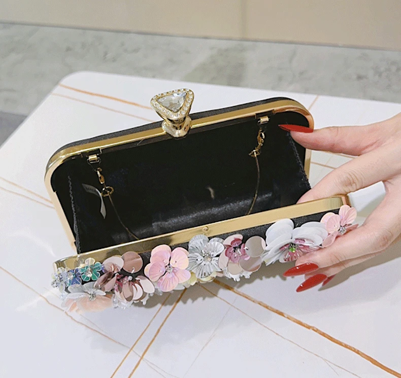 Factory Luxury Evening Clutch Bag with Colorful 3D Floral Embellishments Inside 6
