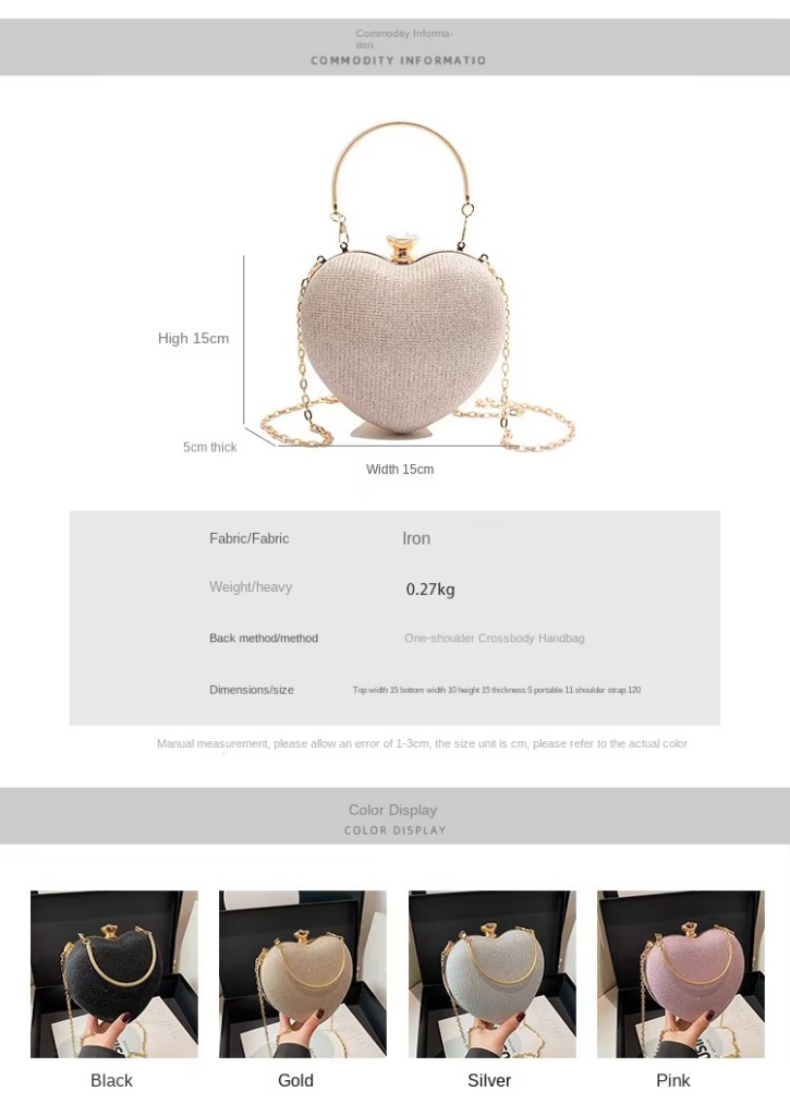 Wholesale Heart-Shape Chain Women's Shoulder Crossbody Evening Bag Size