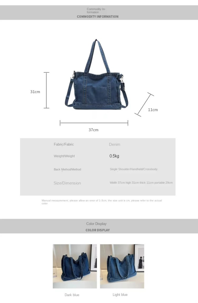 Lady Blue Crossbody Canvas Bag: Zipper Detachable Shoulder Strap size