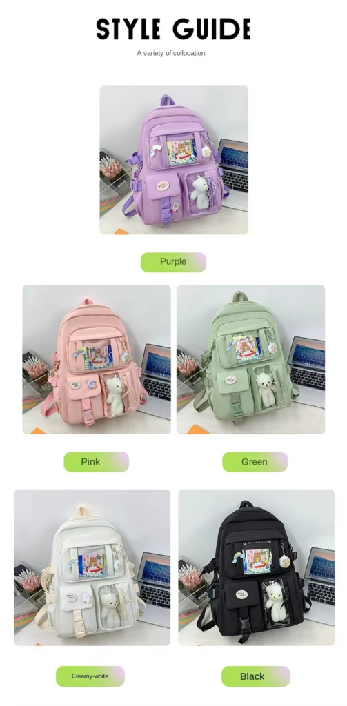 colors Product name Purple Fashionable Waterproof Nylon Backpack Teen Girls Students School Travel-Featuring Cartoon Zipper Perfect Mochila Bag Model number 1031 Size 31*13*44cm (17.32 Inches) Color Multi-options Material Nylon MOQ 20 Pieces Key words travel backpack school bags for girls rucksack purple school backpack teen school backpacks school backpacks for teens girls backpack school bags for girls mochila rucksack
