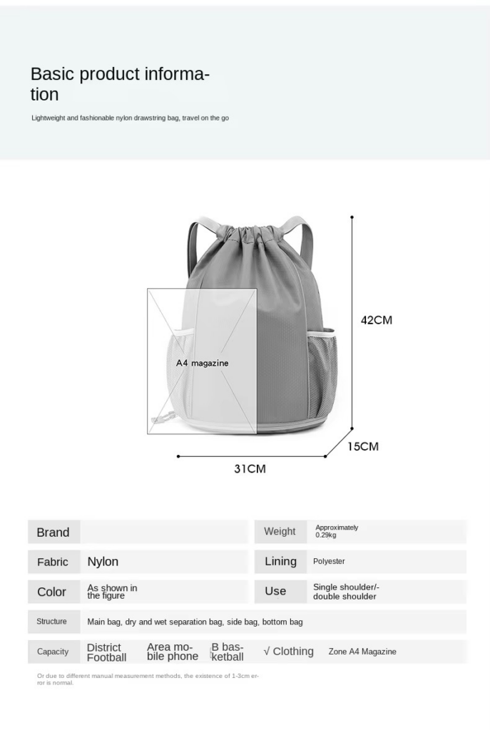 size Unisex Waterproof Drawstring Gym Bag: Custom Logo Zipper Shoe