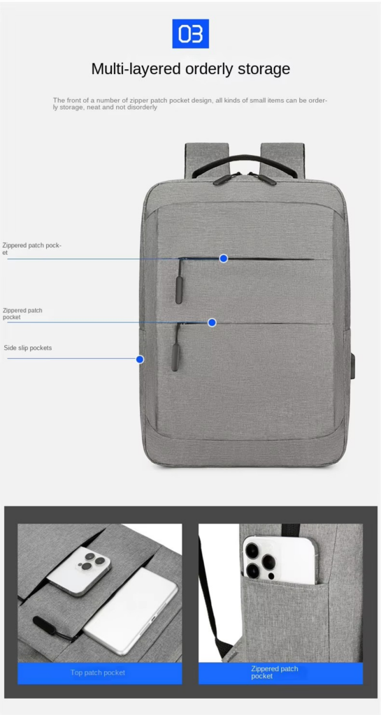 pocket Waterproof Laptop Backpack with USB: Custom LOGO, Wholesale