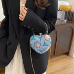 blue Vegan Metal Heart Evening Clutch w/ Sequins Pearls